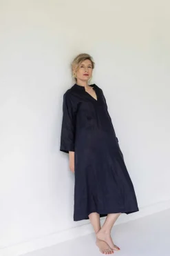 Women Lazybones Emma Linen Dress In Dark Navy