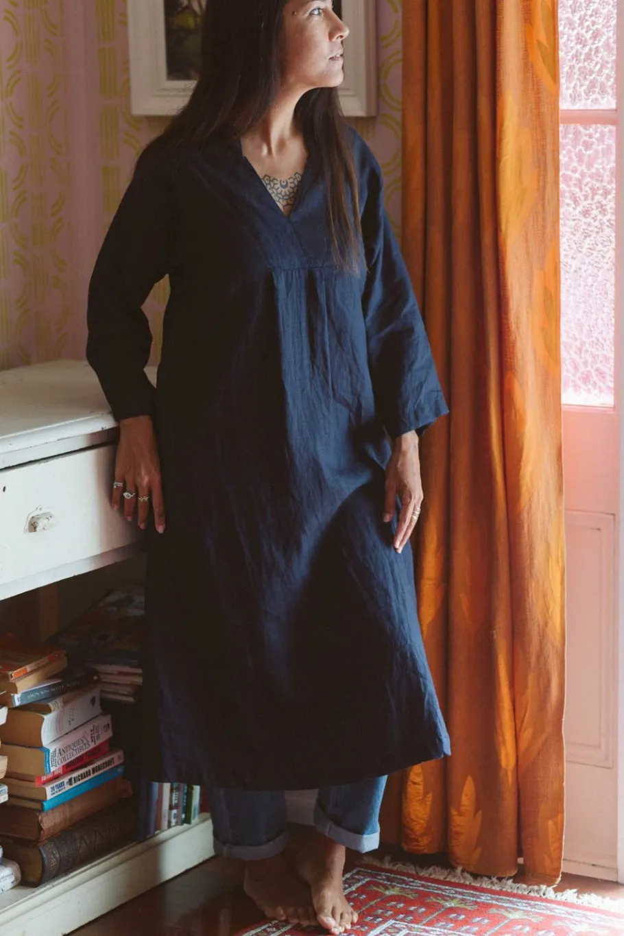 Women Lazybones Emma Linen Dress In Dark Navy