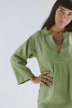 Women Lazybones Emma Linen Dress In Herb Green